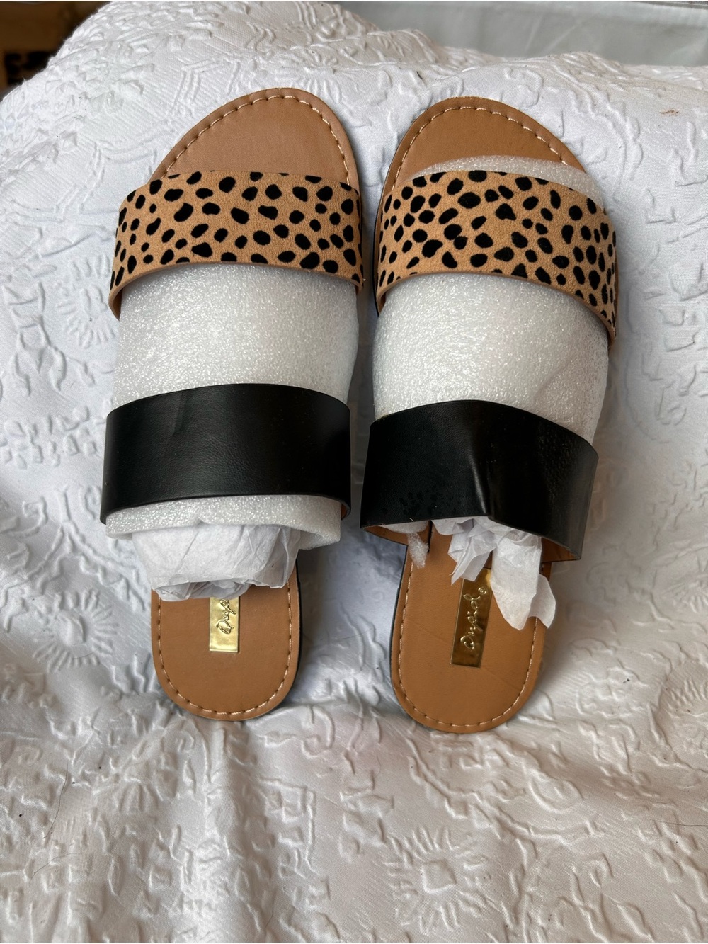 Qupid Leopard & Black Double-Band Slide Sandals